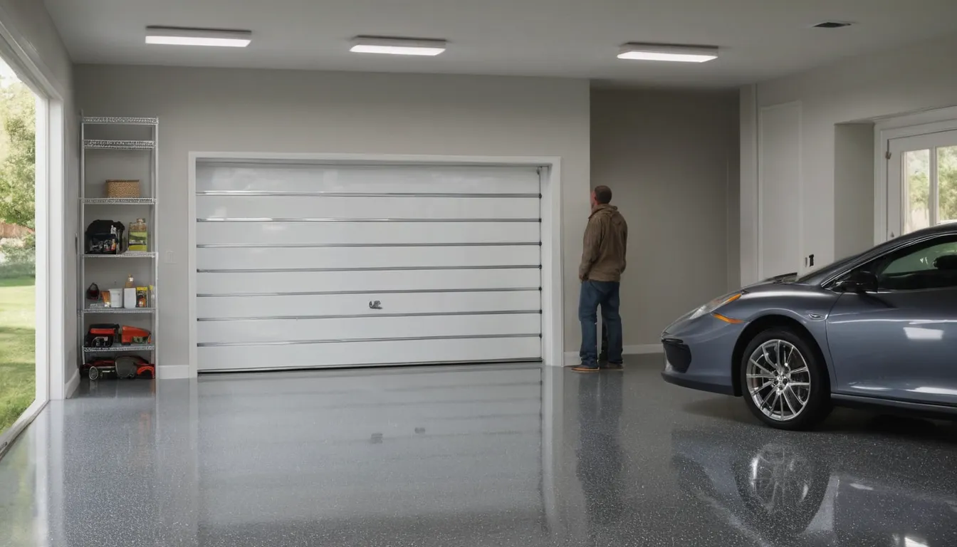 A freshly coated garage floor in a Waconia home with a car parked inside