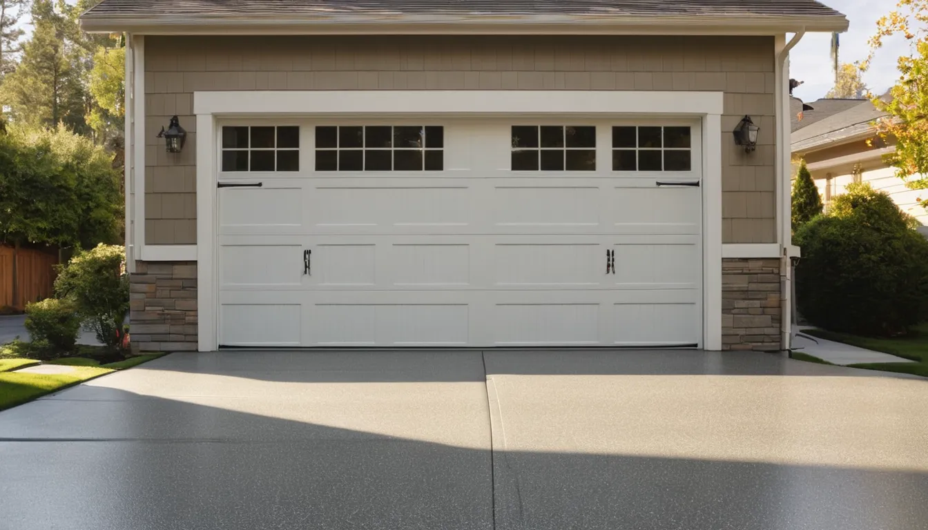 Finished polyaspartic garage floor with gray and tan flake blend in a Waconia home